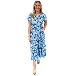 Liza Byrd Sydney Cinched Waist Blue White Shell Print Dress NWT